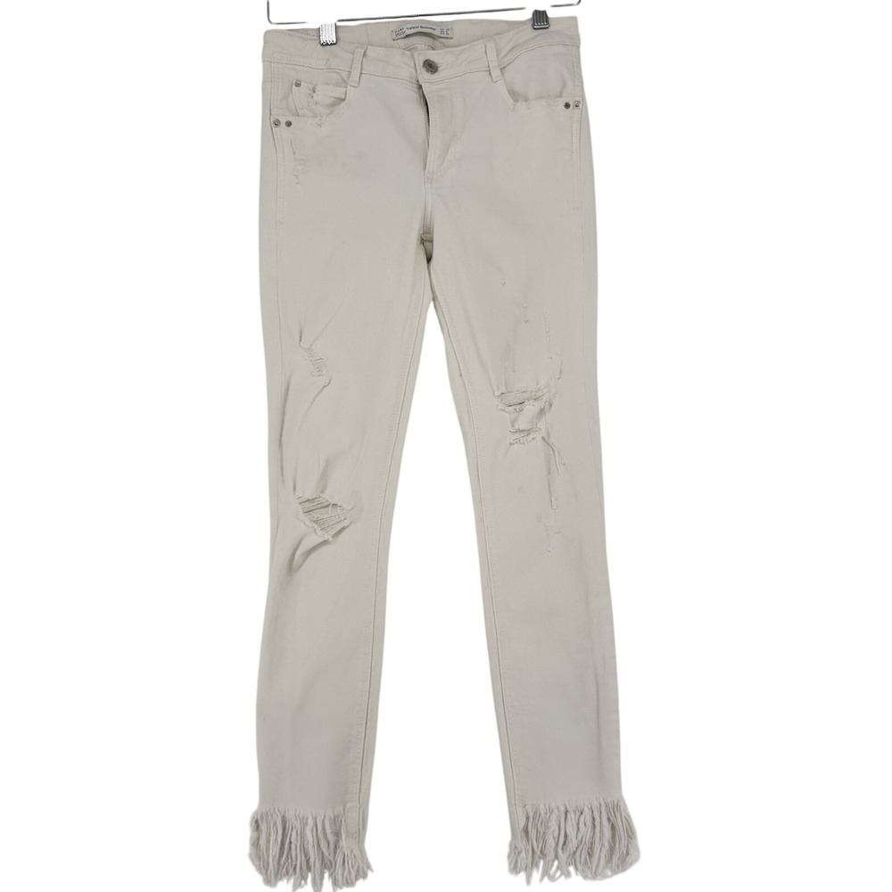 Zara Trafaluc Distressed Fringe Hem Skinny Jeans Off White Cream Size 6 38‎